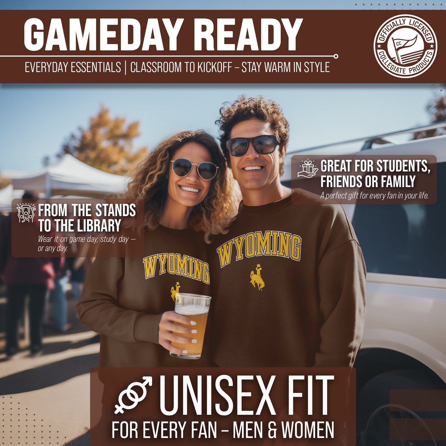 Wyoming Cowboys Adult Arch & Logo Soft Style Gameday Crewneck Sweatshirt - Brown