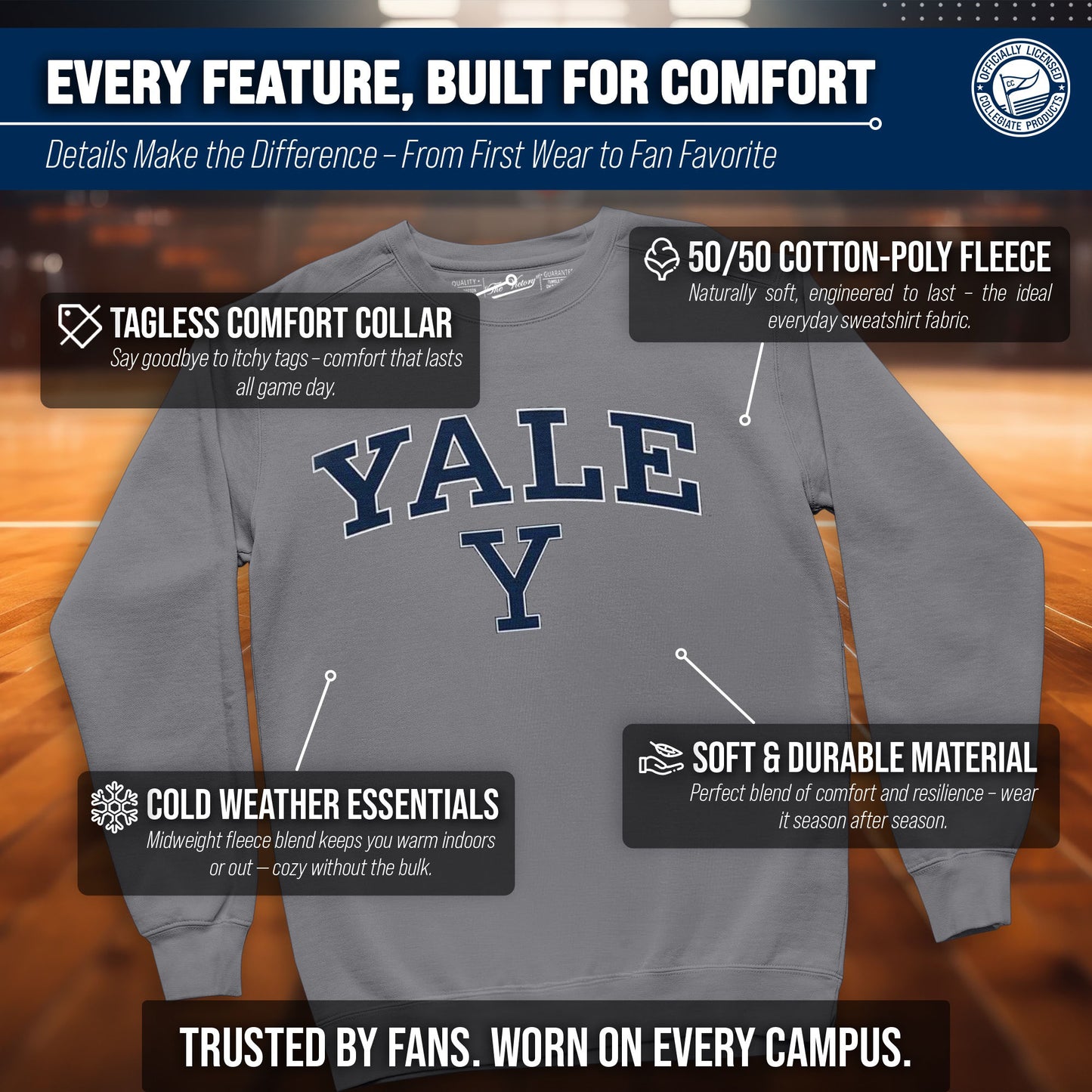 Yale Bulldogs Campus Colors Adult Arch & Logo Soft Style Gameday Crewneck Sweatshirt  - Gray