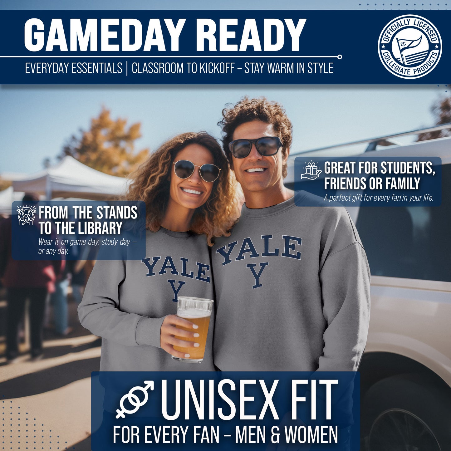 Yale Bulldogs Campus Colors Adult Arch & Logo Soft Style Gameday Crewneck Sweatshirt  - Gray