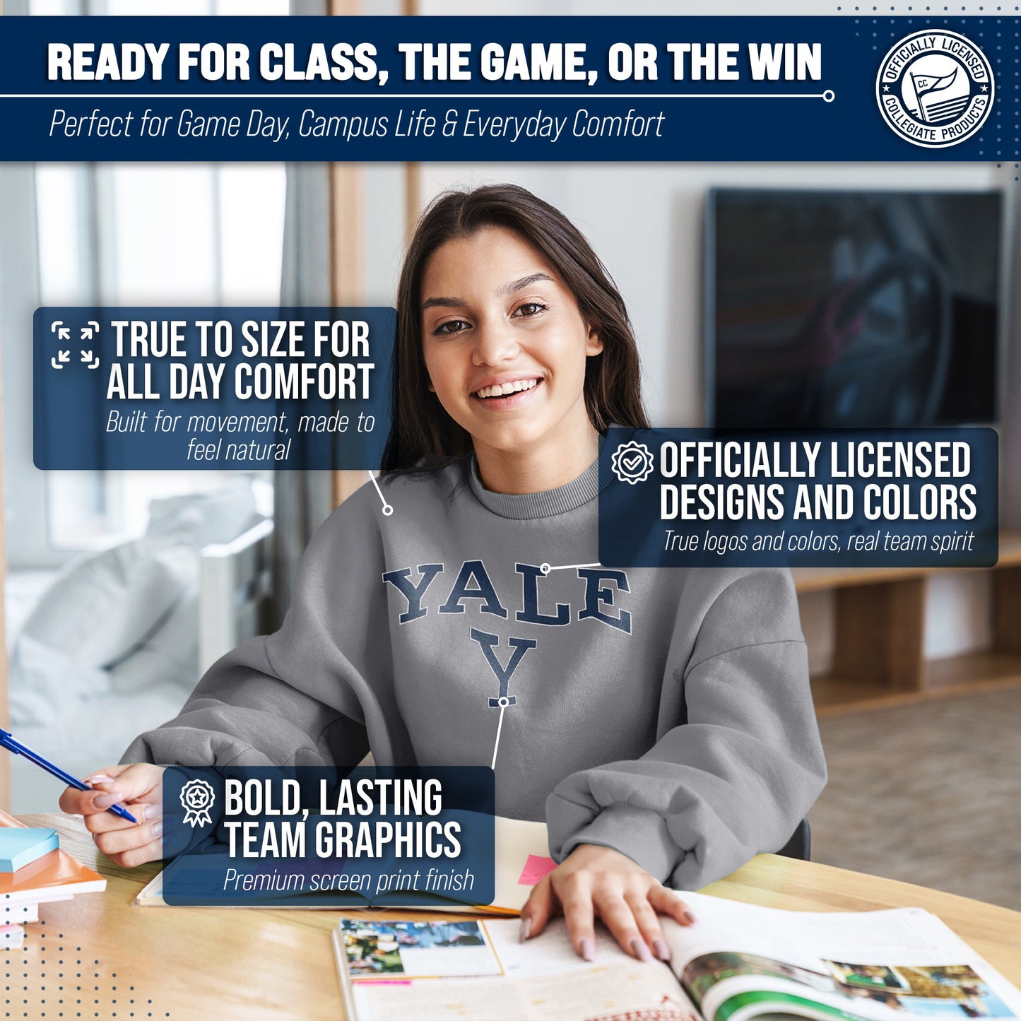 Yale Bulldogs Campus Colors Adult Arch & Logo Soft Style Gameday Crewneck Sweatshirt  - Gray
