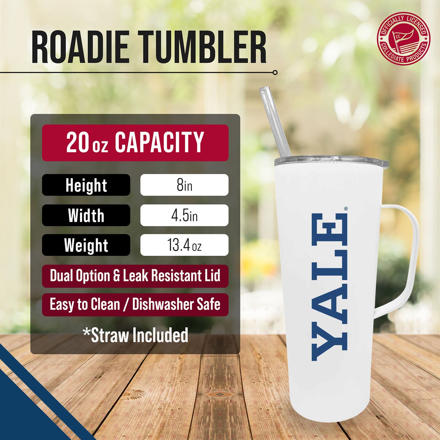 Yale Bulldogs NCAA Stainless Steel 20oz Roadie With Handle & Dual Option Lid With Straw - White