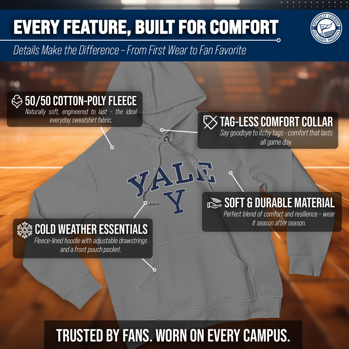 Yale Bulldogs Adult Arch & Logo Soft Style Gameday Hooded Sweatshirt - Gray