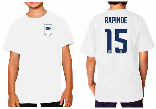 USA National Team The Victory Officially Licensed Youth US Women's National Soccer Team Megan Rapinoe Name & Number T-Shirt - White #15