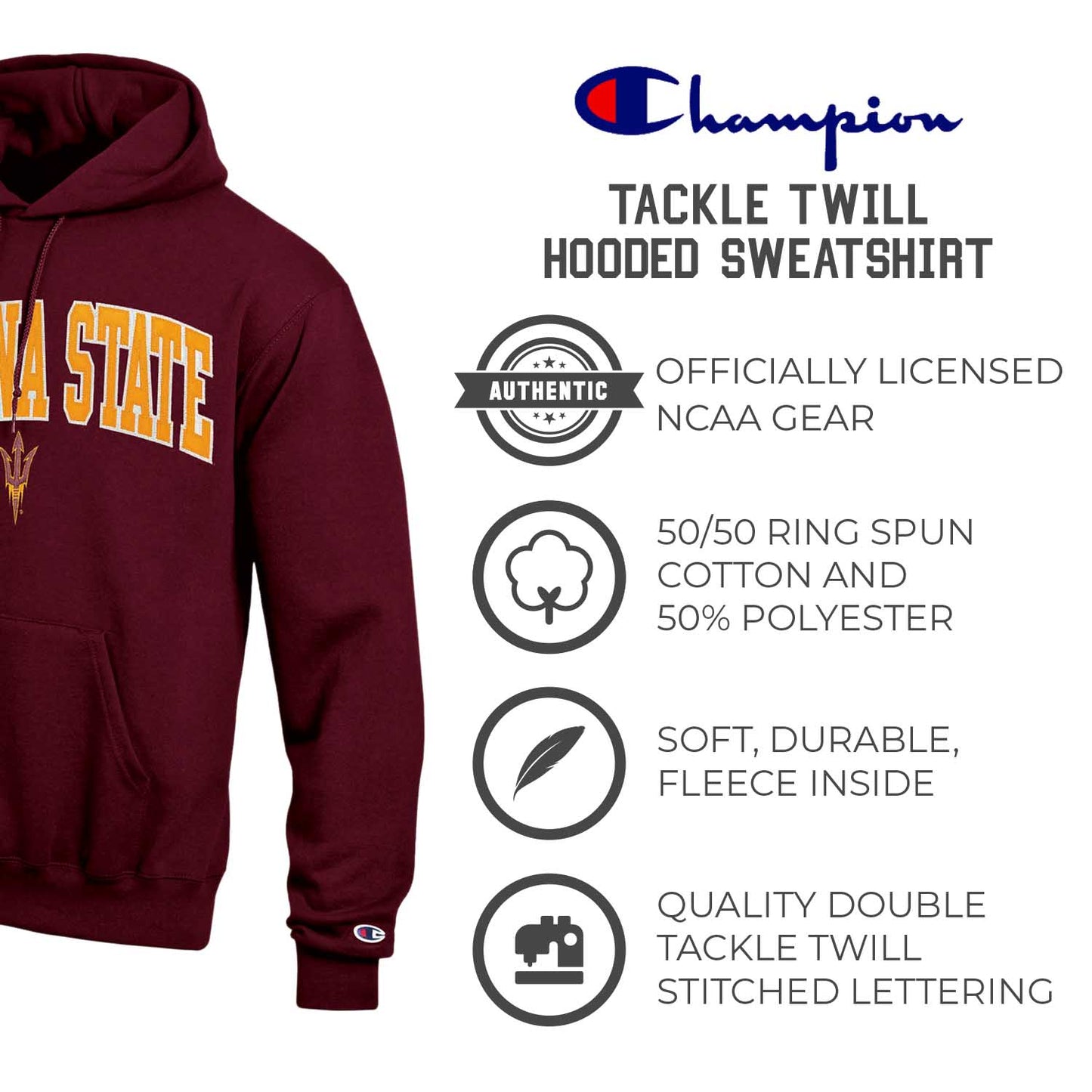 Arizona State Sun Devils Champion Adult Tackle Twill Hooded Sweatshirt - Maroon