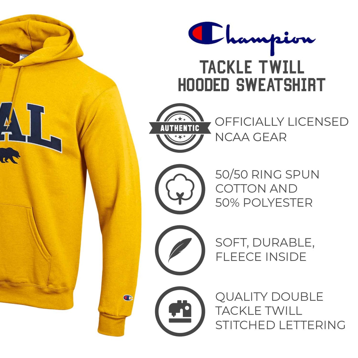 Cal Golden Bears Champion Adult Tackle Twill Hooded Sweatshirt - Gold