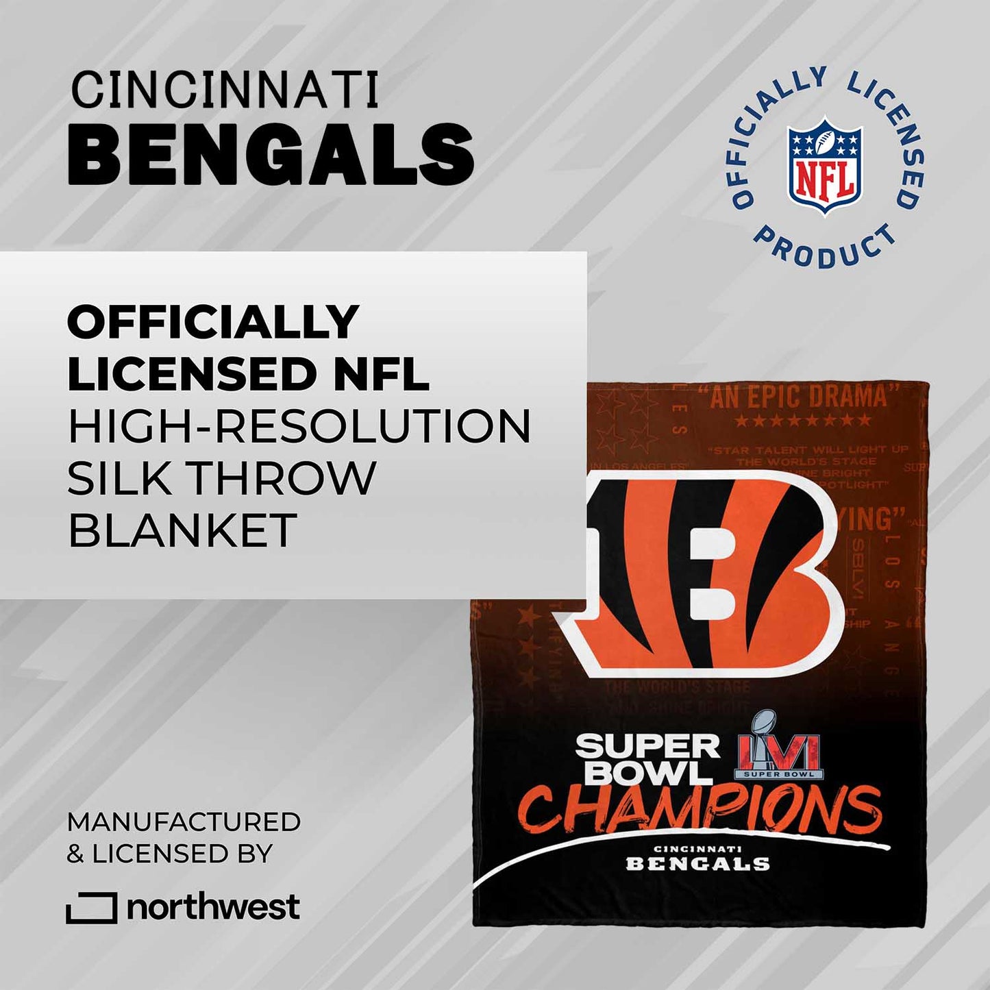 Cincinnati Bengals NFL 50 X 60 Silk Touch High Definition Championship Throw Blanket - Black