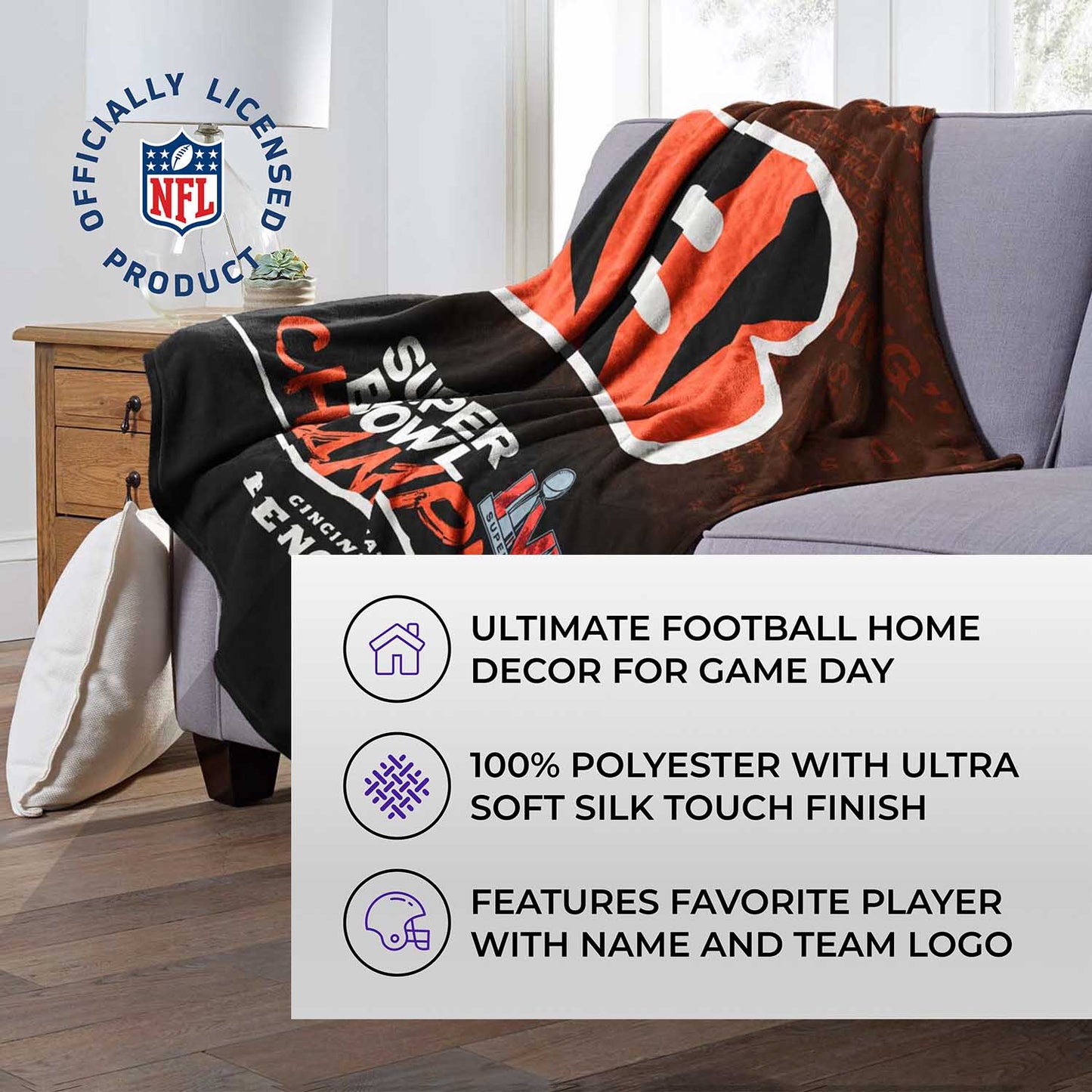 Cincinnati Bengals NFL 50 X 60 Silk Touch High Definition Championship Throw Blanket - Black