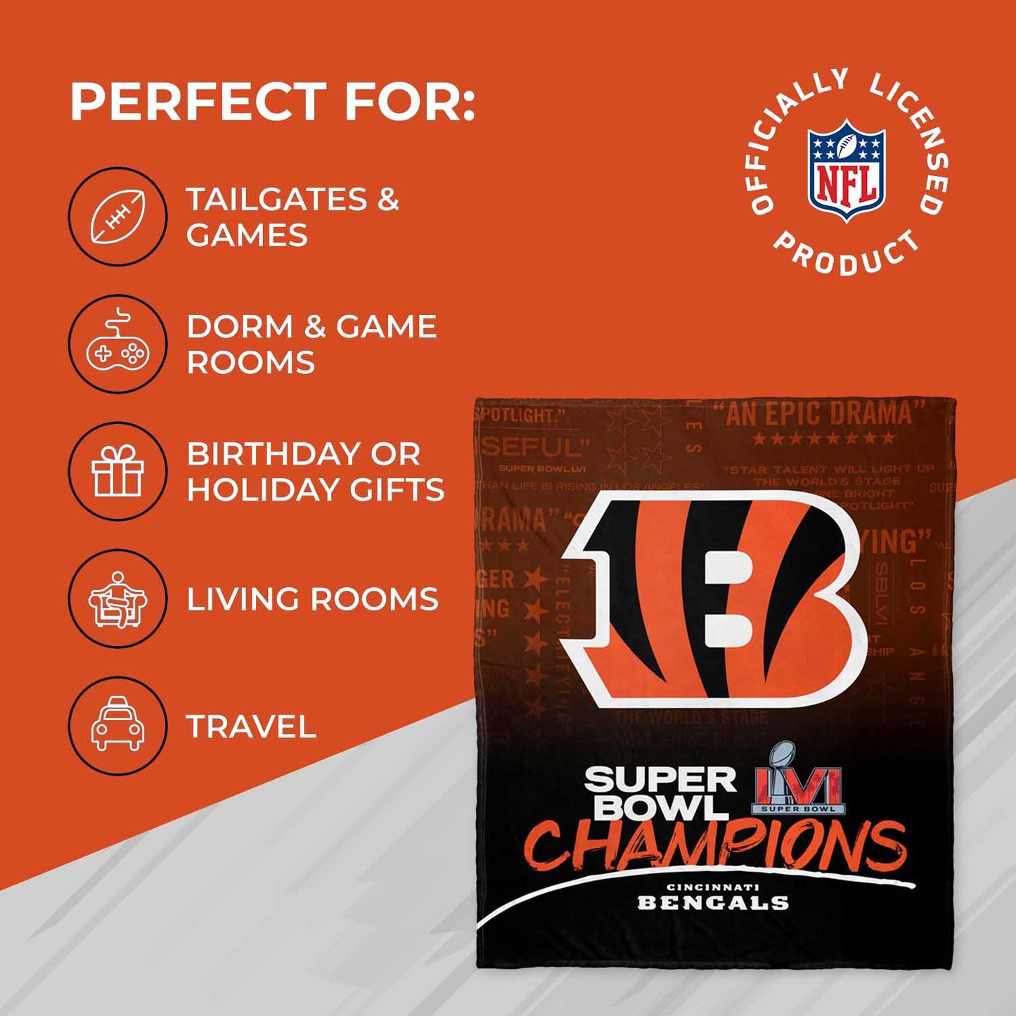 Cincinnati Bengals NFL 50 X 60 Silk Touch High Definition Championship Throw Blanket - Black