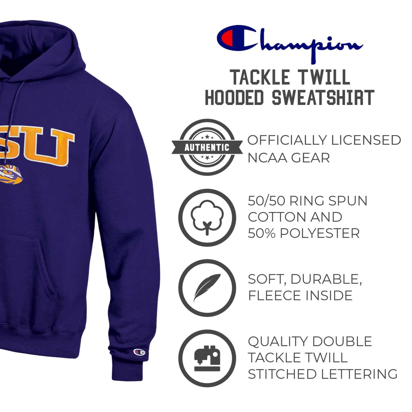 LSU Tigers Champion Adult Tackle Twill Hooded Sweatshirt - Purple