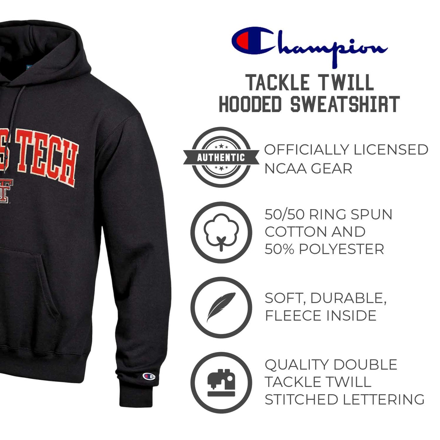 Texas Tech Red Raiders Champion Adult Tackle Twill Hooded Sweatshirt - Black