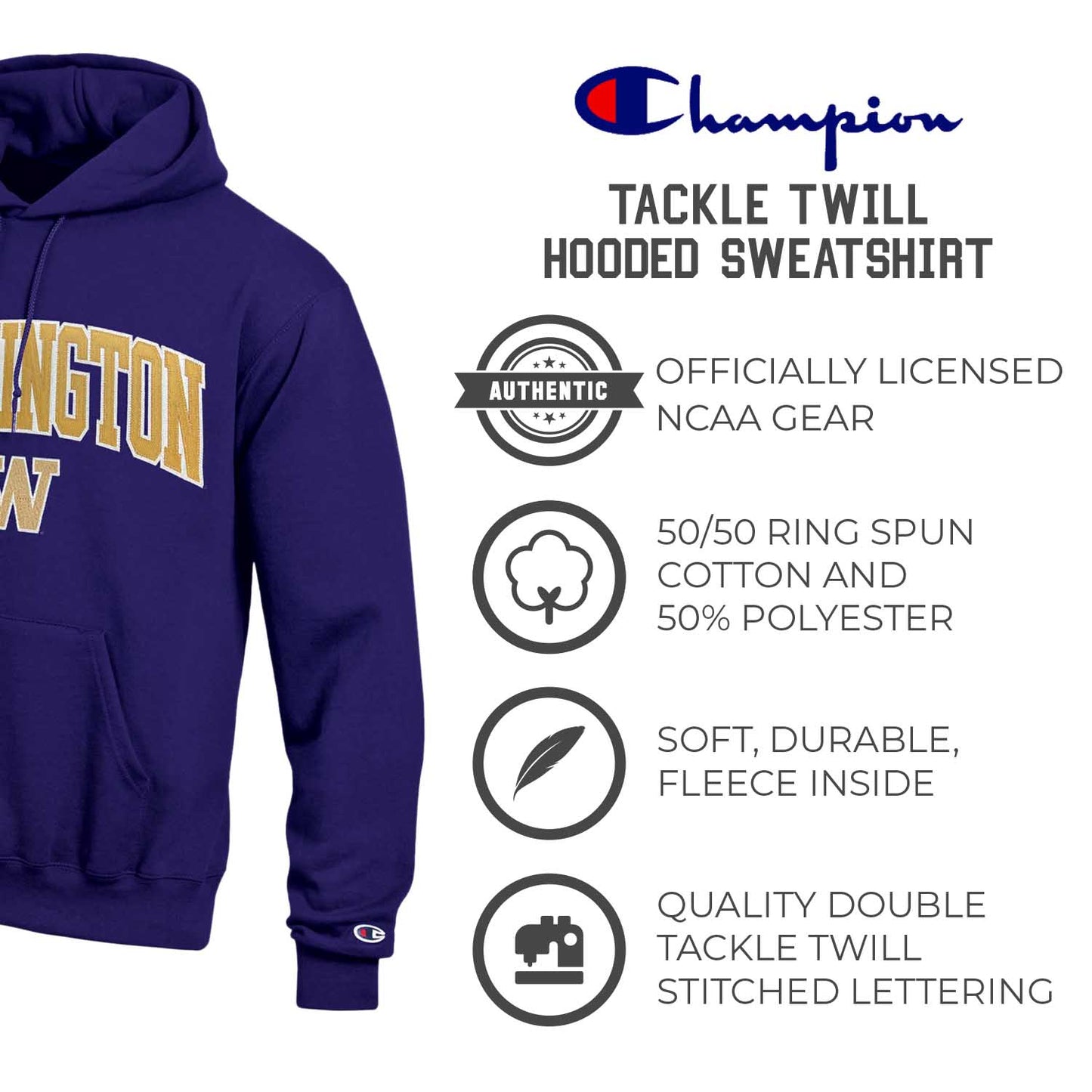 Washington Huskies Champion Adult Tackle Twill Hooded Sweatshirt - Purple