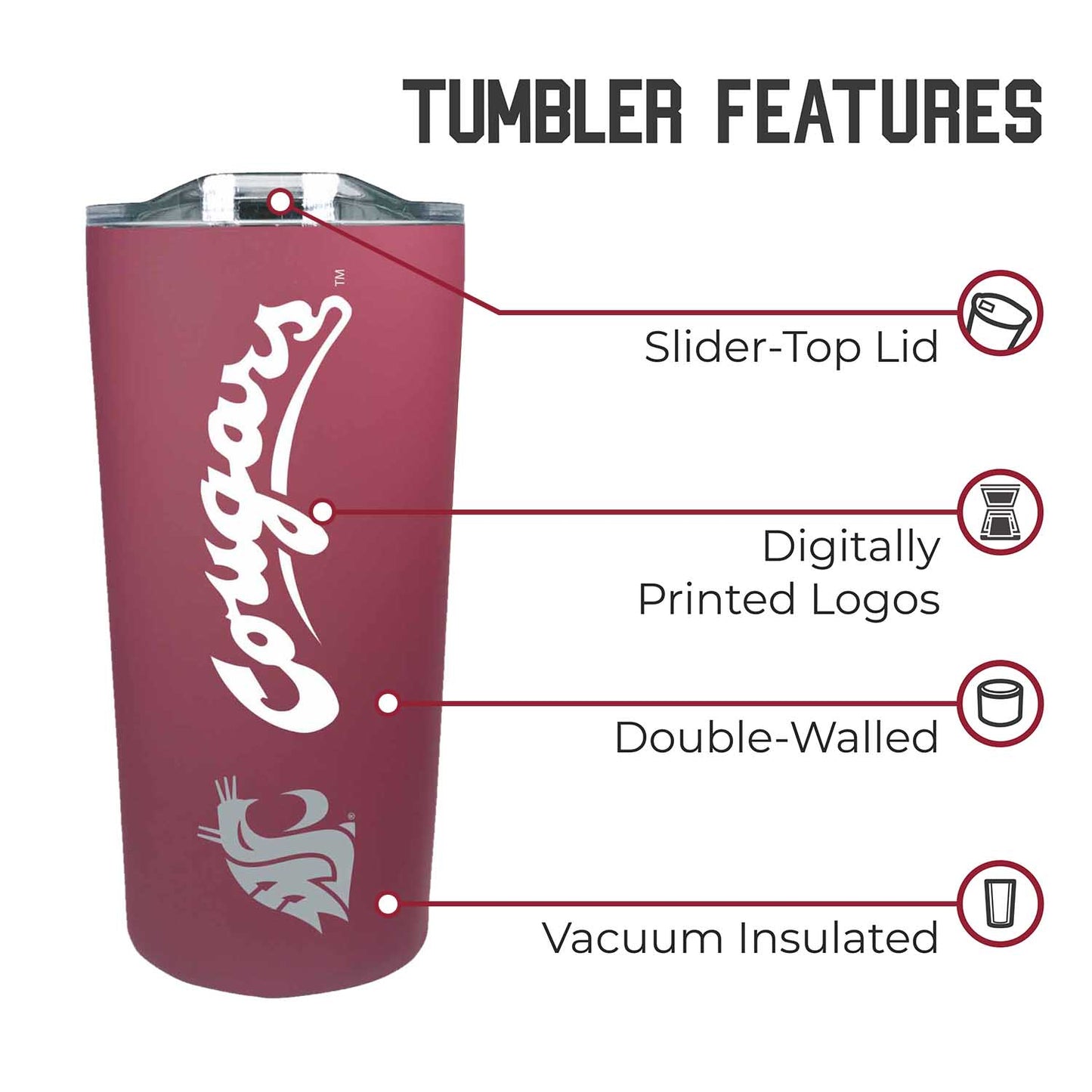 Washington State Cougars NCAA Stainless Steel Tumbler perfect for Gameday - Maroon