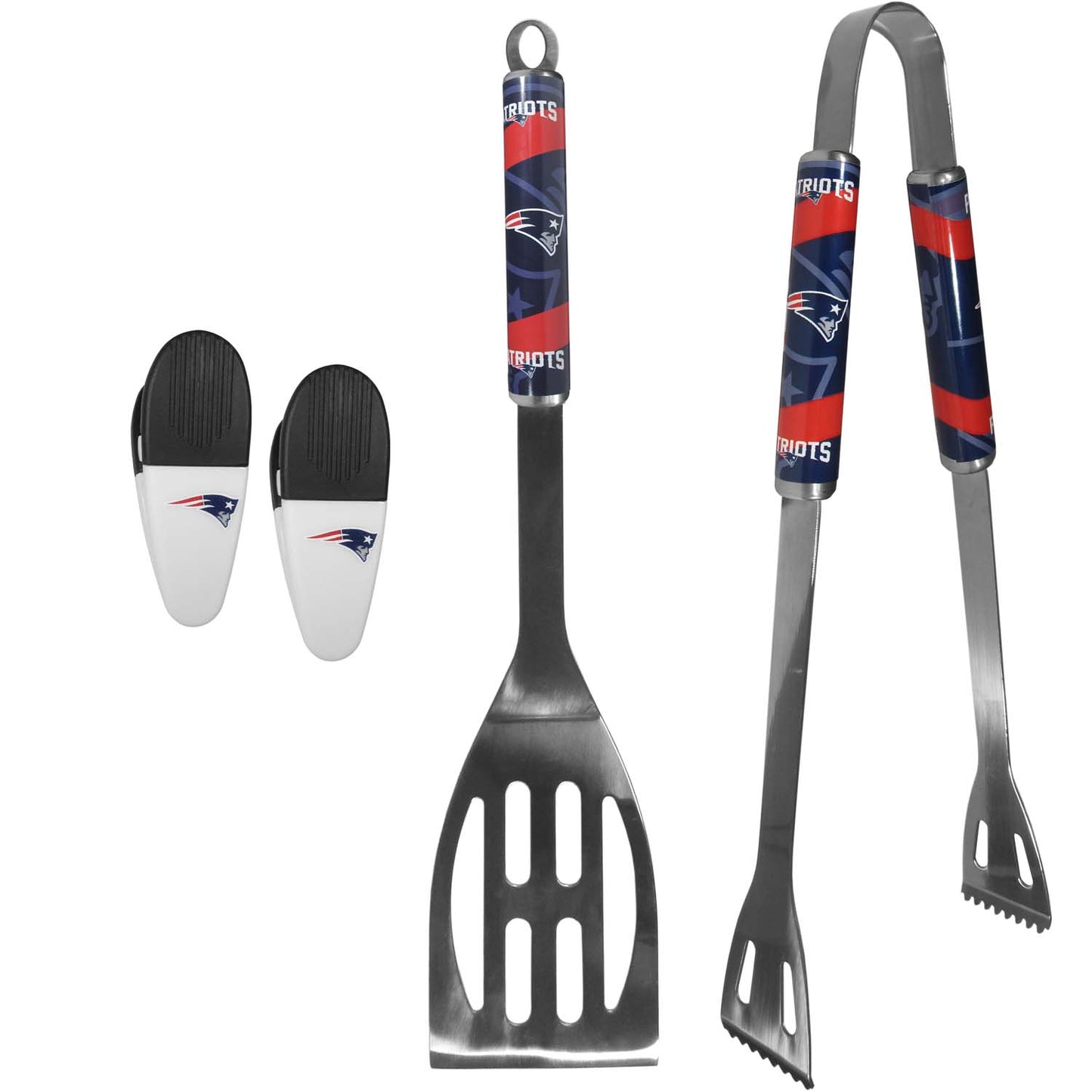 New England Patriots NFL Two Piece Grilling Tools Set with 2 Magnet Chip Clips - Chrome