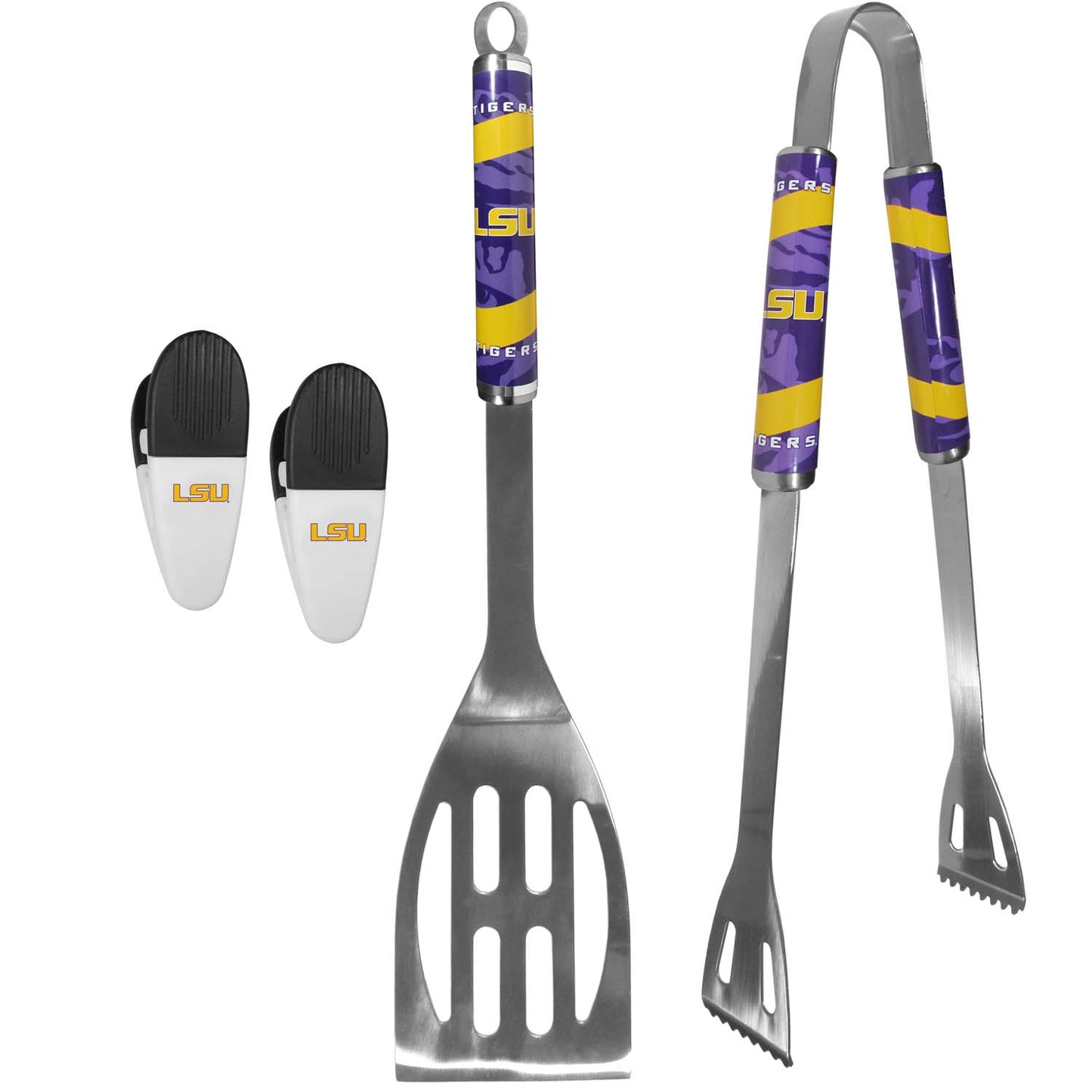 LSU Tigers Collegiate University Two Piece Grilling Tools Set with 2 Magnet Chip Clips - Chrome