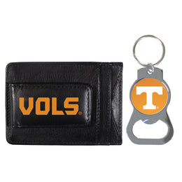 Tennessee Volunteers School Logo Leather Card/Cash Holder and Bottle Opener Keychain Bundle - Black