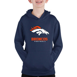 Denver Broncos Youth NFL Ultimate Fan Logo Fleece Hooded Sweatshirt -Tagless Football Pullover For Kids - Navy
