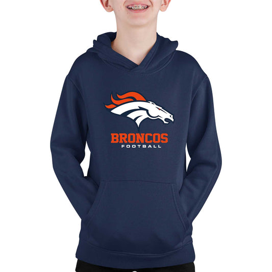 Denver Broncos Youth NFL Ultimate Fan Logo Fleece Hooded Sweatshirt -Tagless Football Pullover For Kids - Navy