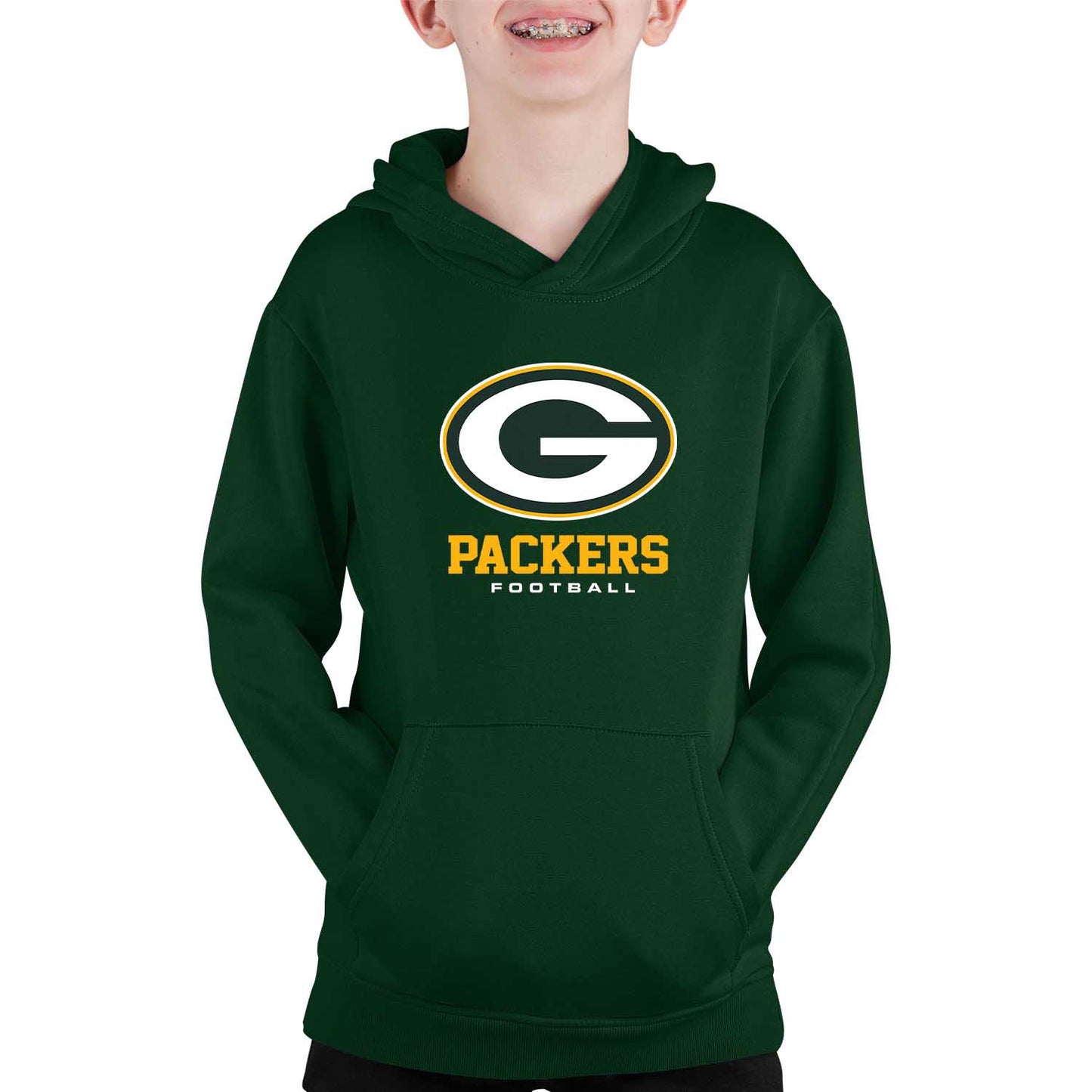 Green Bay Packers Youth NFL Ultimate Fan Logo Fleece Hooded Sweatshirt -Tagless Football Pullover For Kids - Forest Green