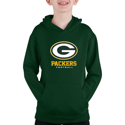 Green Bay Packers Youth NFL Ultimate Fan Logo Fleece Hooded Sweatshirt -Tagless Football Pullover For Kids - Forest Green