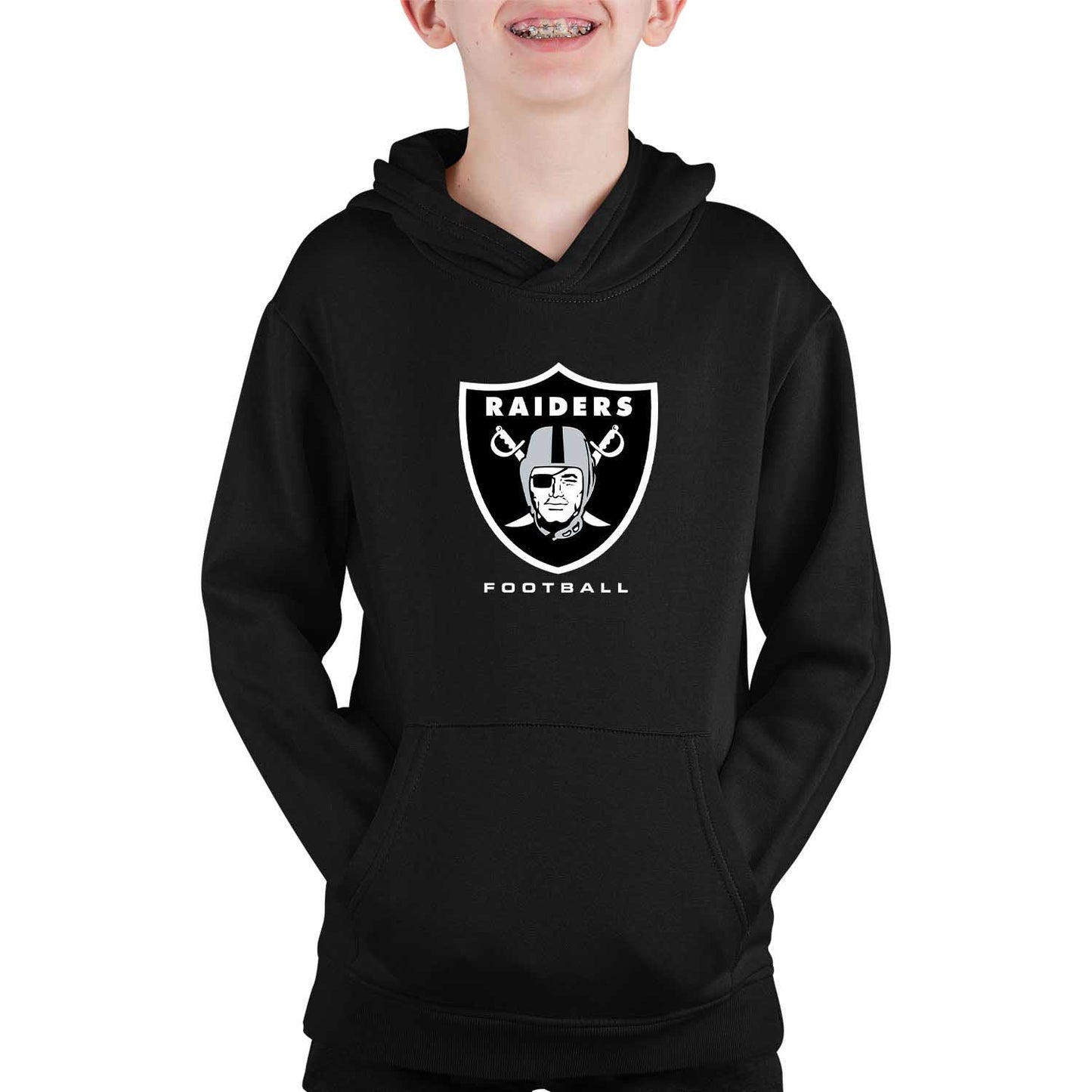 Las Vegas Raiders Youth NFL Ultimate Fan Logo Fleece Hooded Sweatshirt -Tagless Football Pullover For Kids - Black