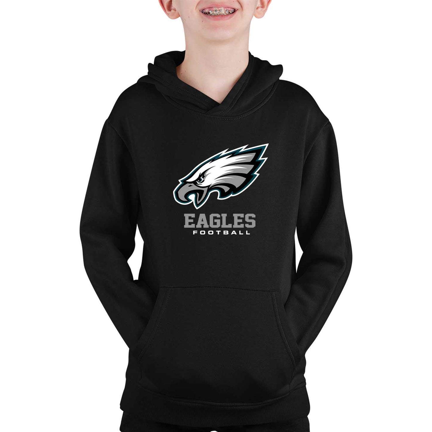 Philadelphia Eagles Youth NFL Ultimate Fan Logo Fleece Hooded Sweatshirt -Tagless Football Pullover For Kids - Black