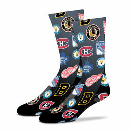 Original Six Adult NHL Original 6 All Over Logo Crew Socks - Black
