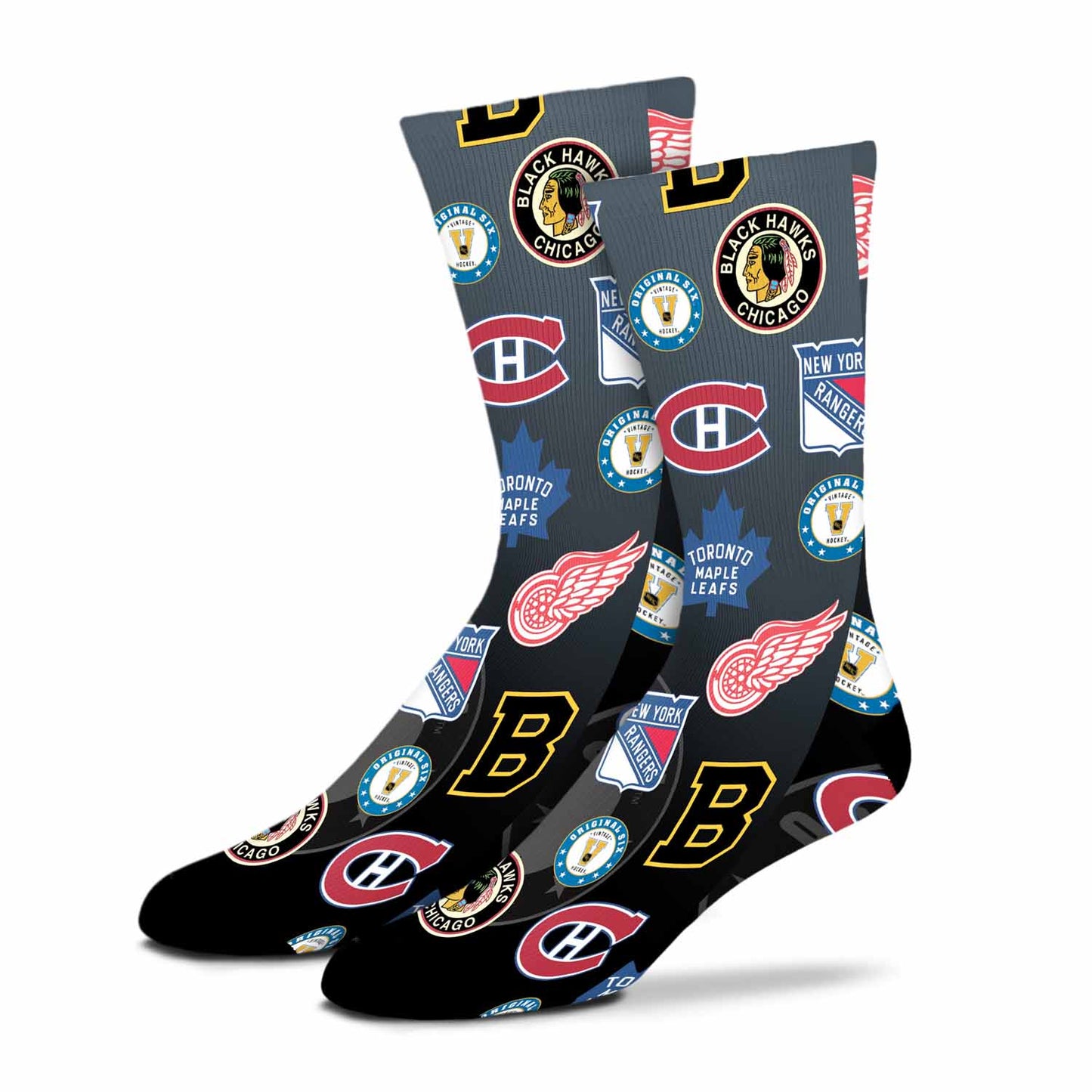 Original Six Adult NHL Original 6 All Over Logo Crew Socks - Black