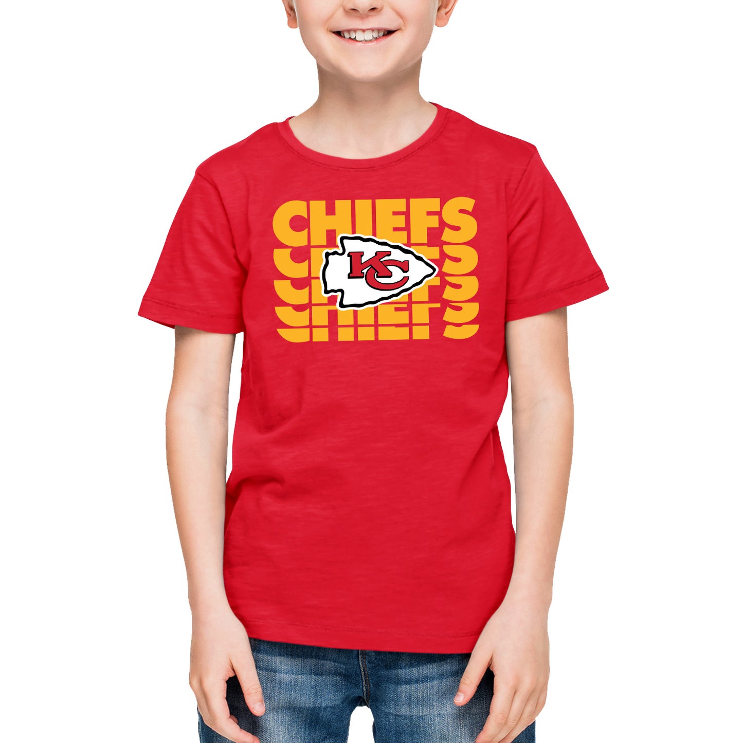 Kansas City Chiefs NFL Youth Repeating Logo Football T-Shirt Unisex Tag Free Comfortable - Red