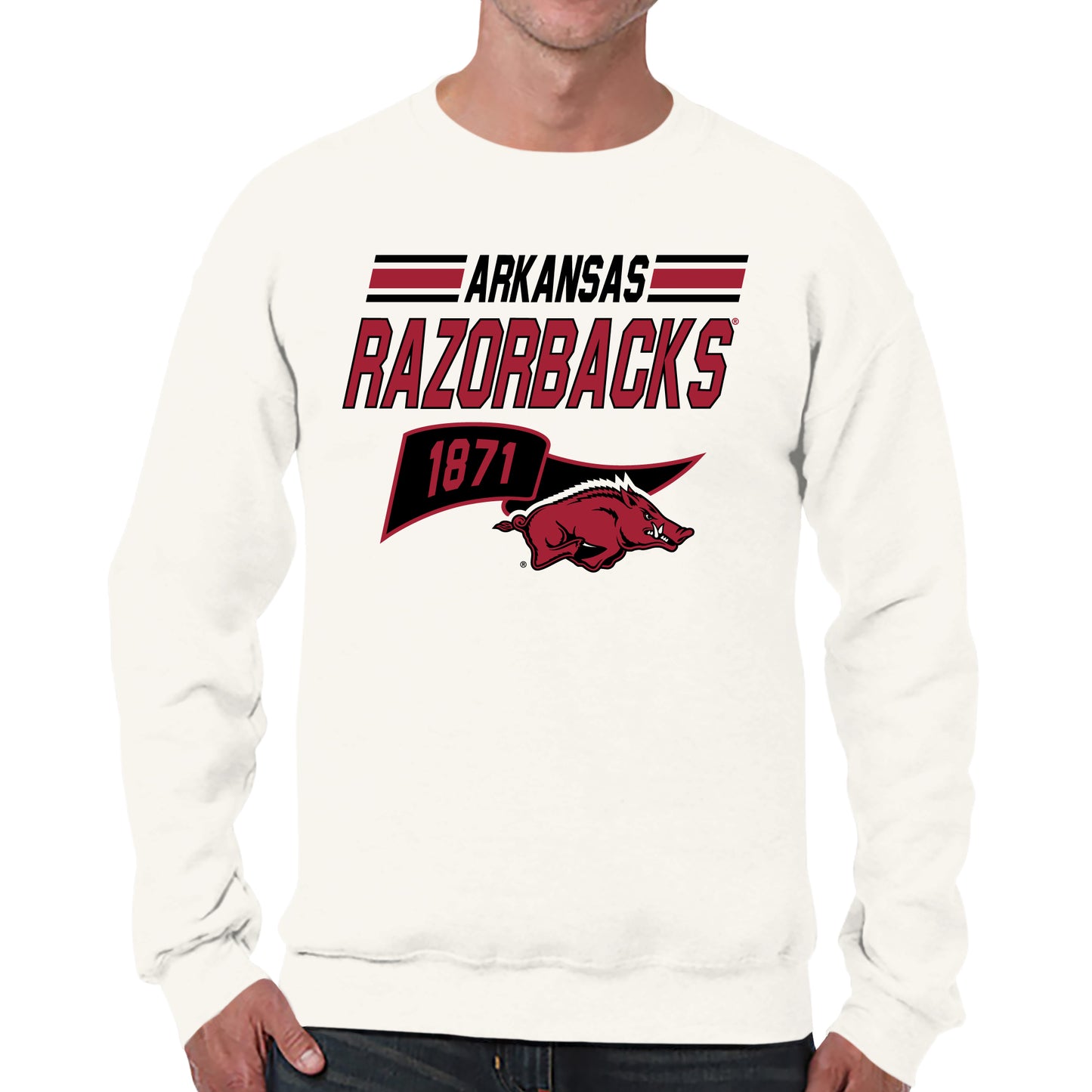 Arkansas Razorbacks NCAA Adult Unisex Varsity Club Pennant Crewneck Fleece Sweatshirt - Off White