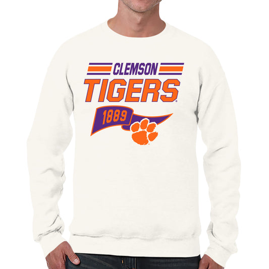 Clemson Tigers NCAA Adult Unisex Varsity Club Pennant Crewneck Fleece Sweatshirt - Off White