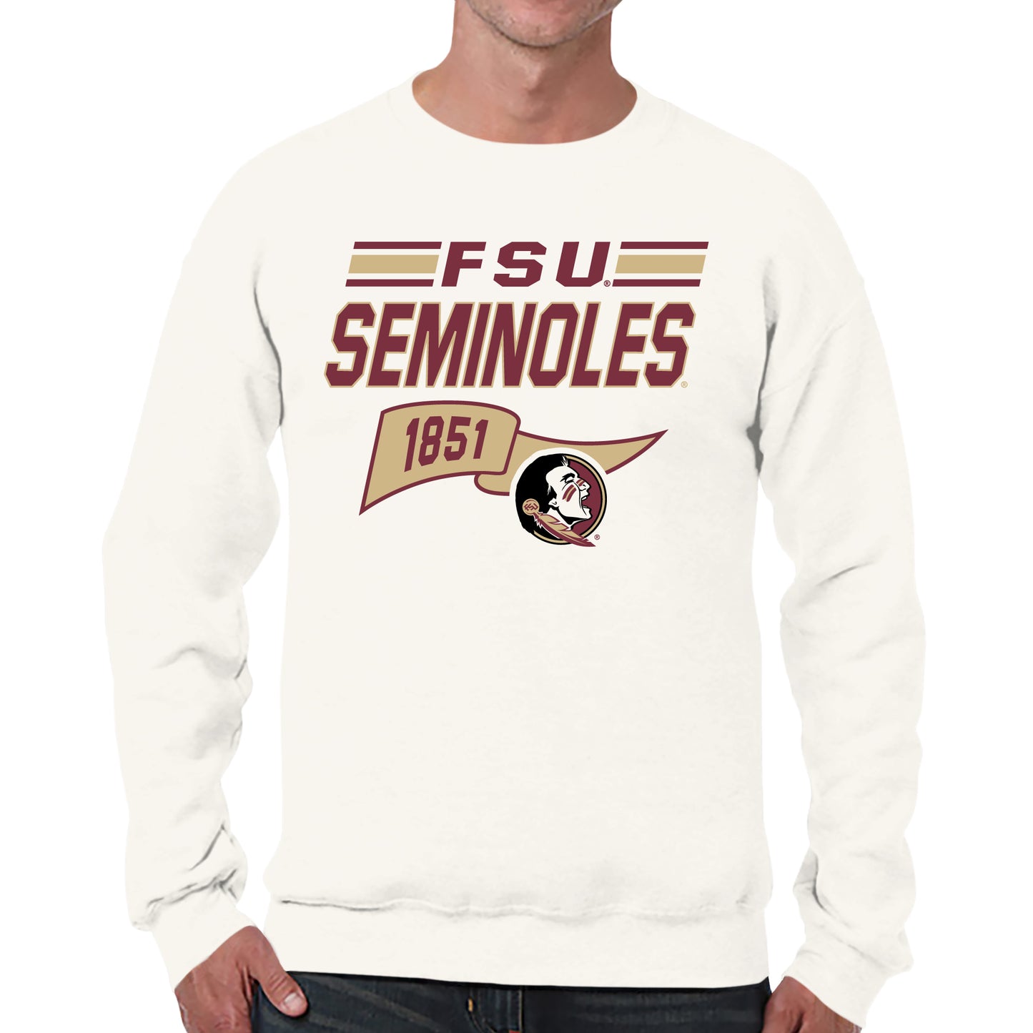 Florida State Seminoles NCAA Adult Unisex Varsity Club Pennant Crewneck Fleece Sweatshirt - Off White
