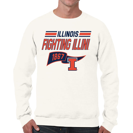 Illinois Fighting Illini NCAA Adult Unisex Varsity Club Pennant Crewneck Fleece Sweatshirt - Off White