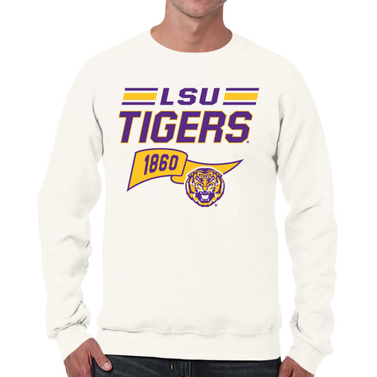 LSU Tigers NCAA Adult Unisex Varsity Club Pennant Crewneck Fleece Sweatshirt - Off White
