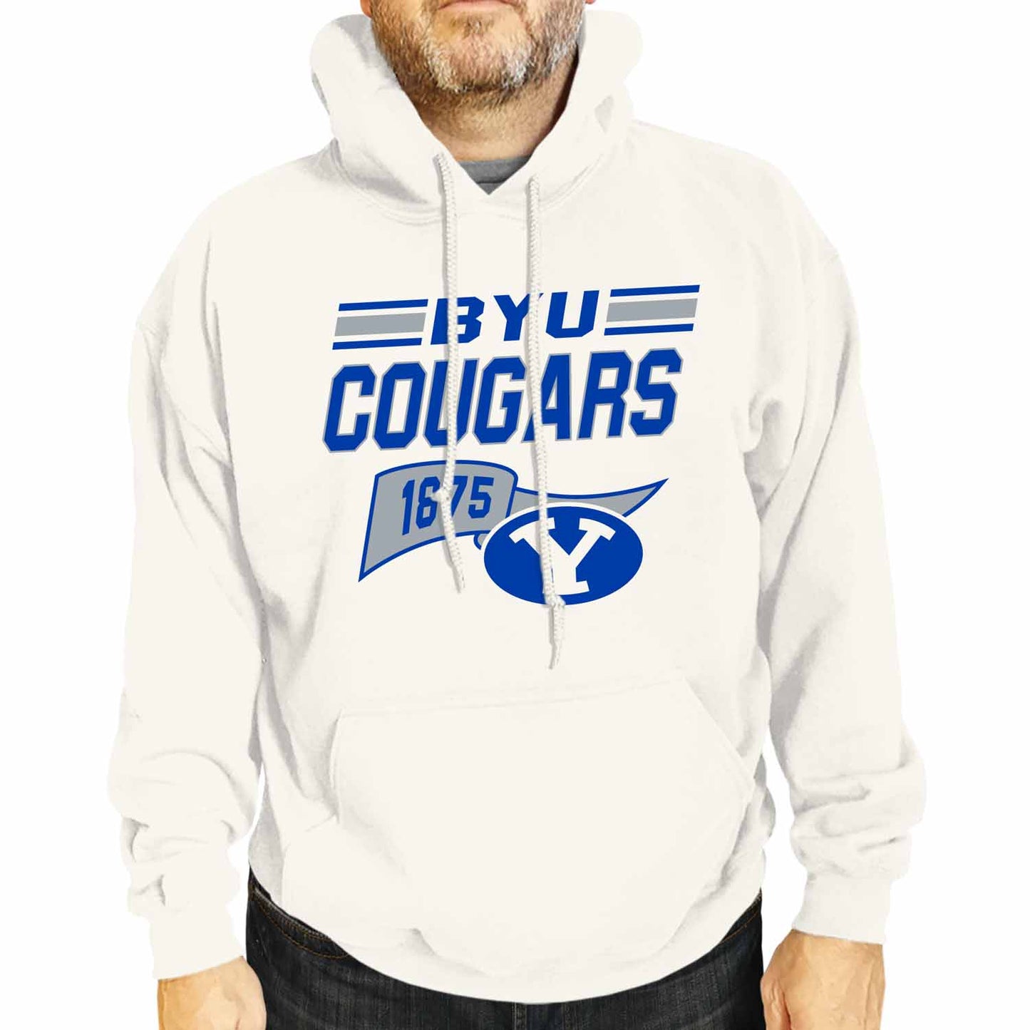 BYU Cougars NCAA Adult Unisex Varsity Club Pennant Hooded Fleece Sweatshirt - Off White