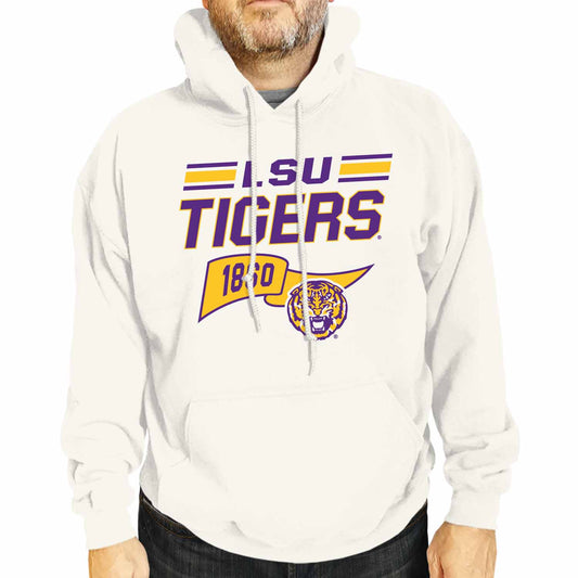 LSU Tigers NCAA Adult Unisex Varsity Club Pennant Hooded Fleece Sweatshirt - Off White