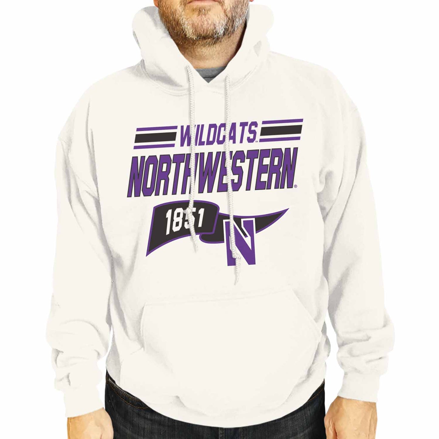 Northwestern Wildcats NCAA Adult Unisex Varsity Club Pennant Hooded Fleece Sweatshirt - Off White