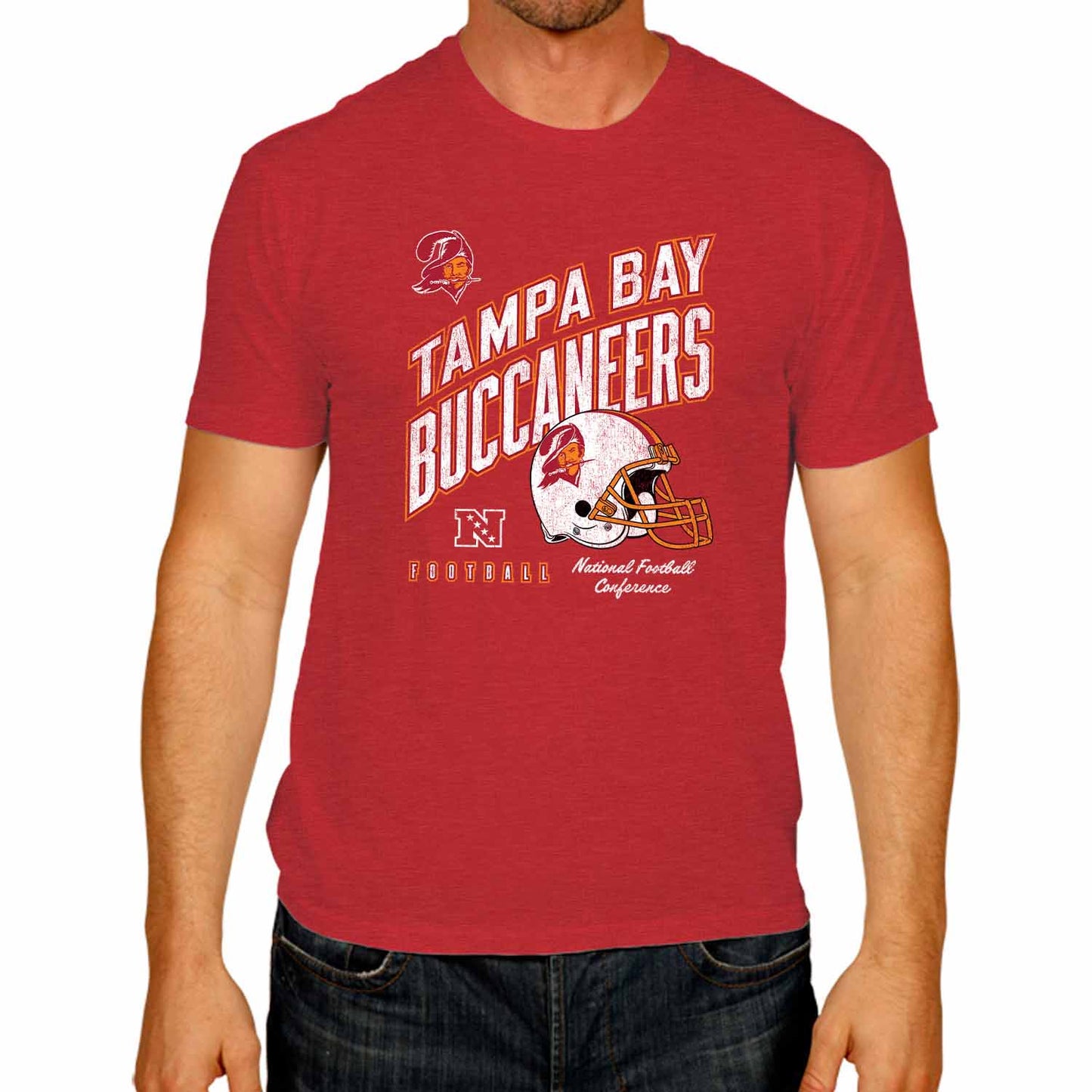 Tampa Bay Buccaneers NFL Adult Distressed Helmet Tag-Less T-Shirt - Red Heather