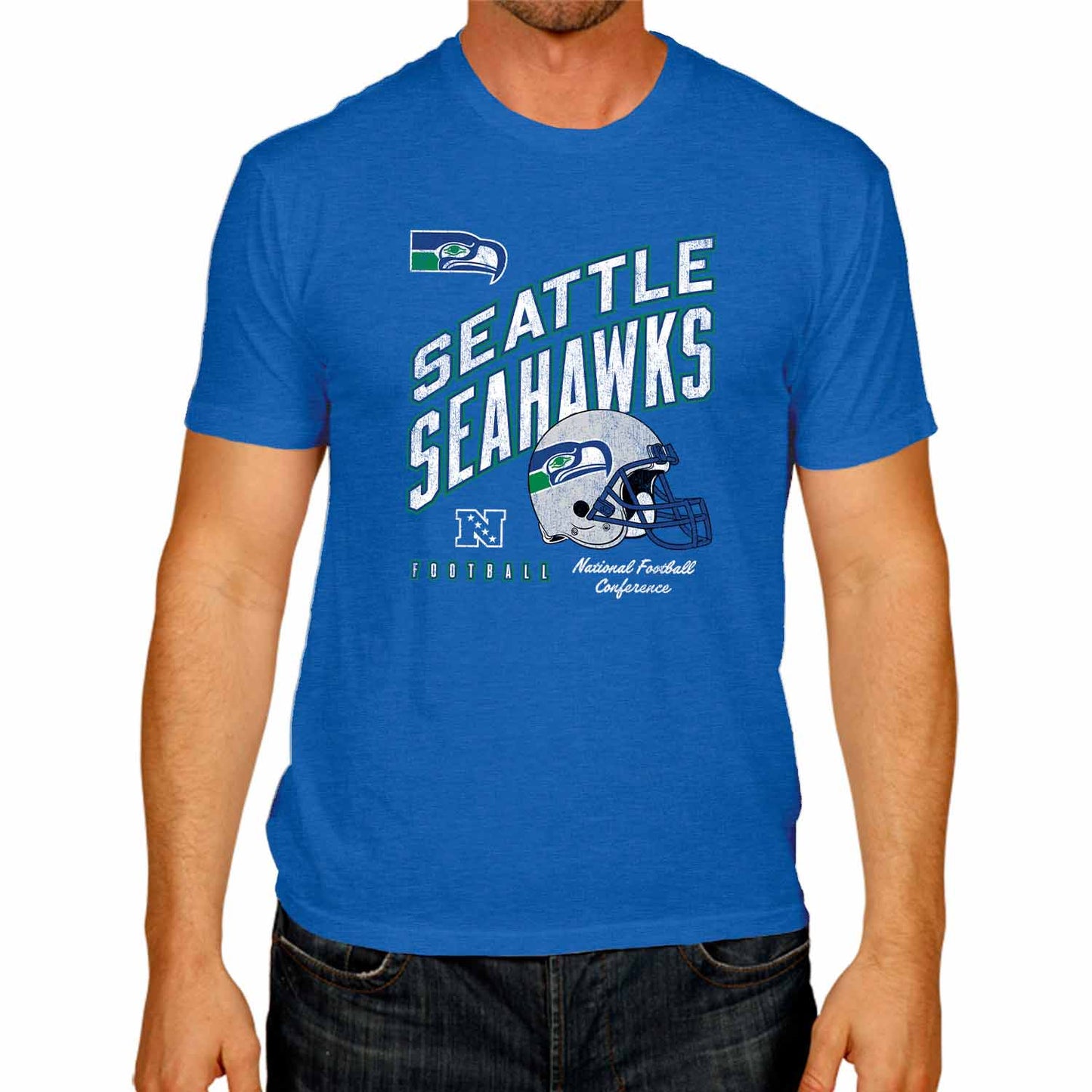 Seattle Seahawks NFL Adult Distressed Helmet Tag-Less T-Shirt - Royal Heather
