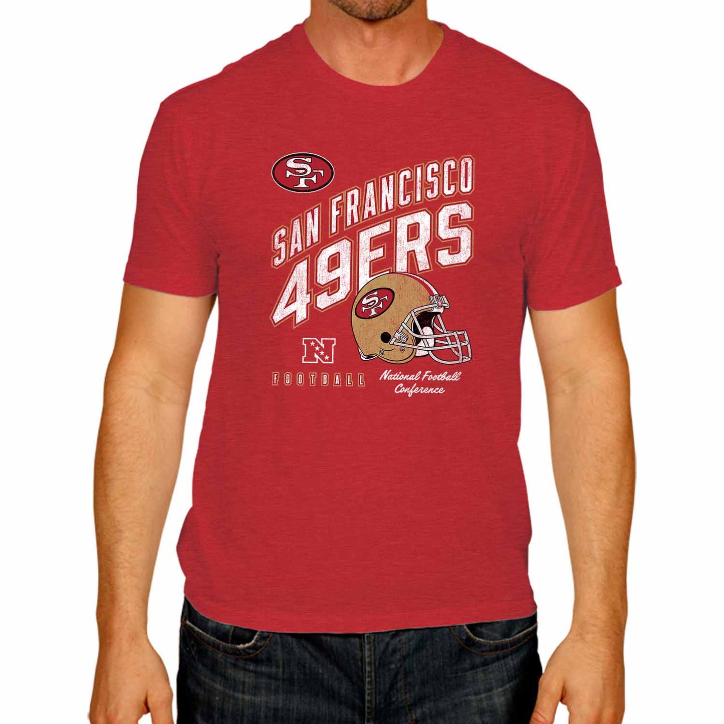 San Francisco 49ers NFL Adult Distressed Helmet Tag-Less T-Shirt - Red Heather