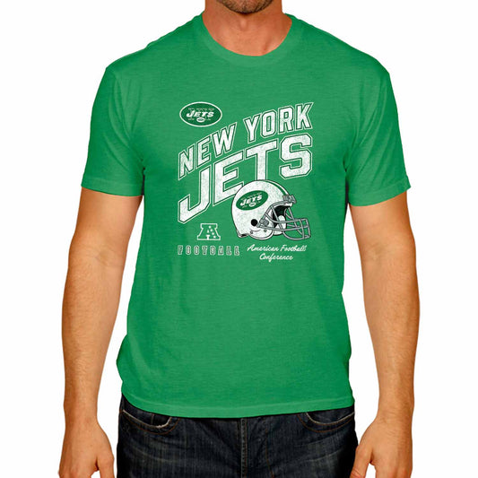 New York Jets NFL Adult Distressed Helmet Tag-Less T-Shirt - Kelly Green Heather