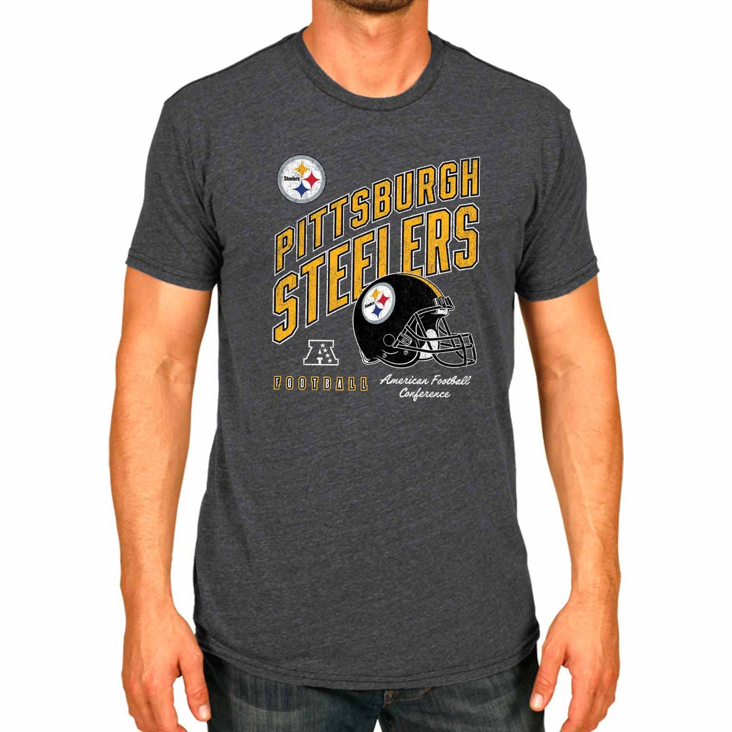 Pittsburgh Steelers NFL Adult Distressed Helmet Tag-Less T-Shirt - Heather Charcoal