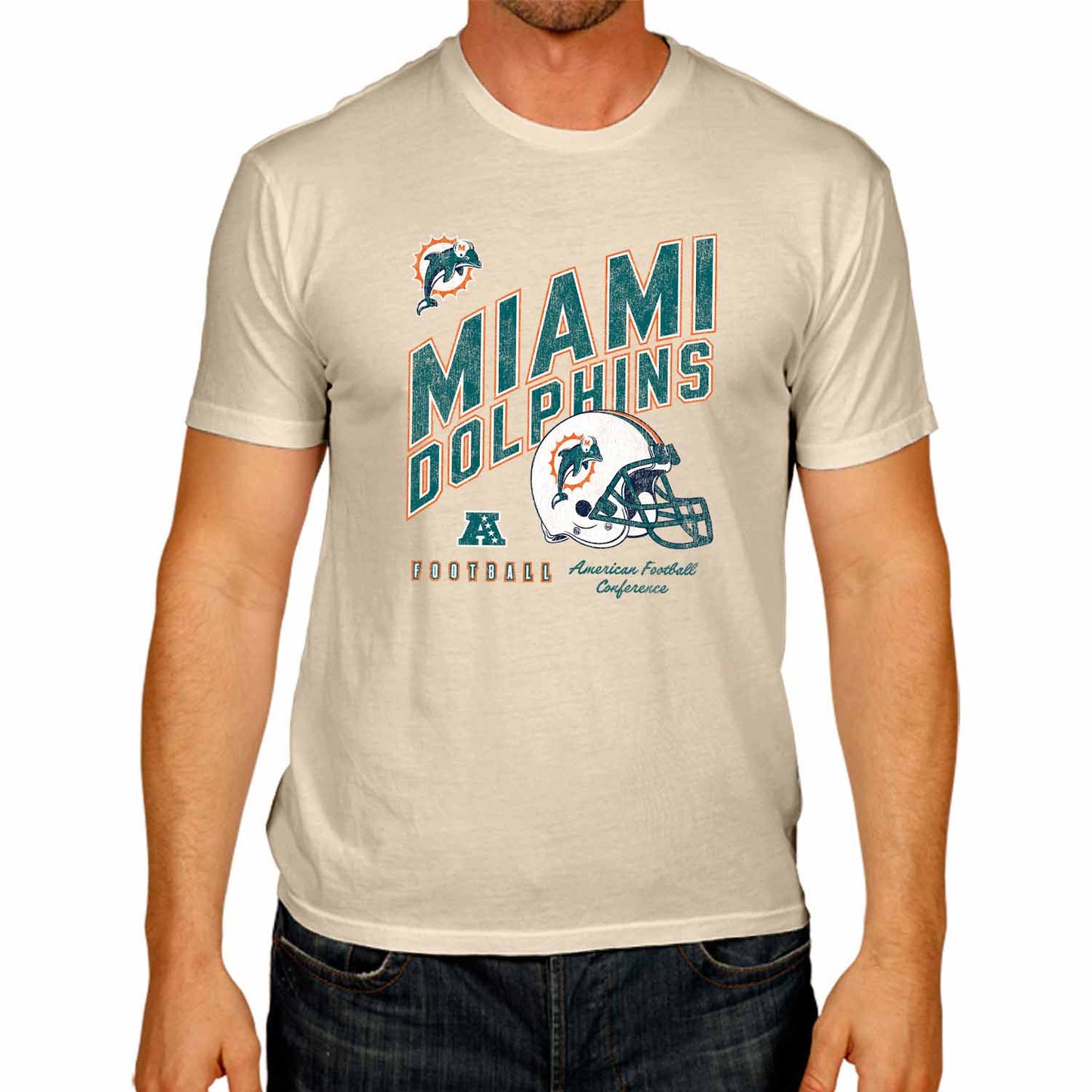 Miami Dolphins NFL Adult Distressed Helmet Tag-Less T-Shirt - Cream