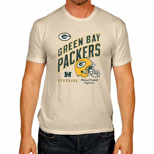 Green Bay Packers NFL Adult Distressed Helmet Tag-Less T-Shirt - Cream