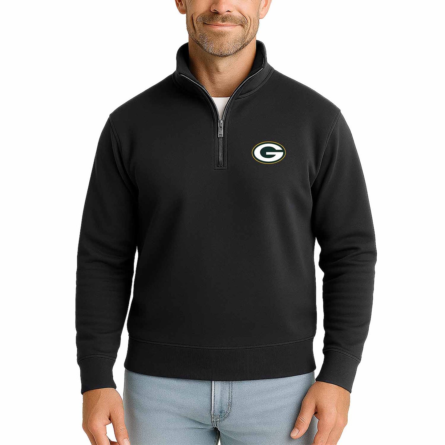 Green Bay Packers NFL Adult Unisex Team Logo Quarter Zip Pullover Sweatshirt - Black