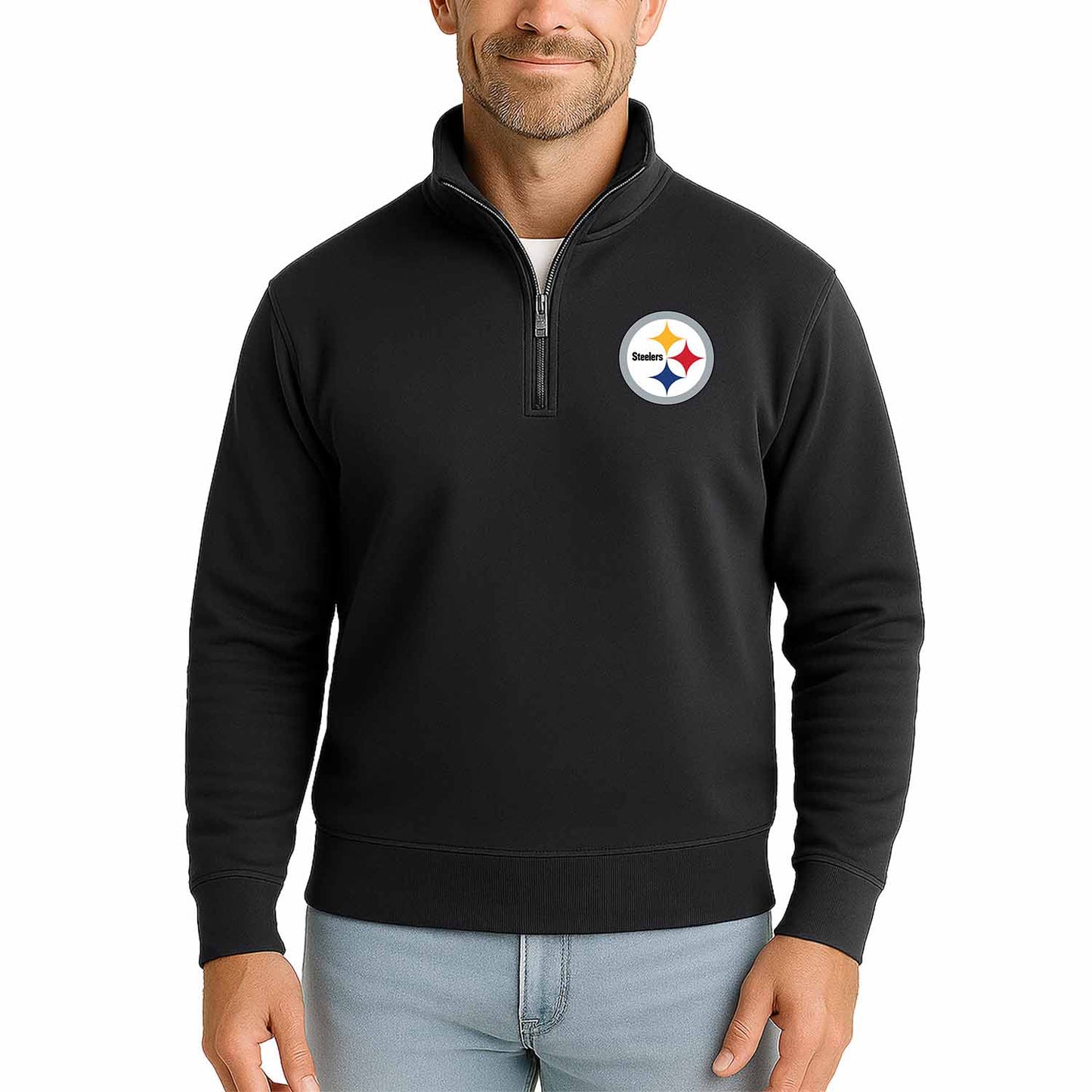 Pittsburgh Steelers NFL Adult Unisex Team Logo Quarter Zip Pullover Sweatshirt - Black
