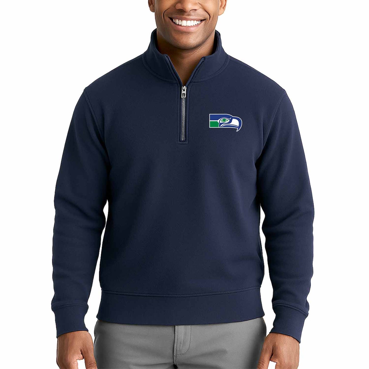 Seattle Seahawks NFL Adult Unisex Team Logo Quarter Zip Pullover Sweatshirt - Navy