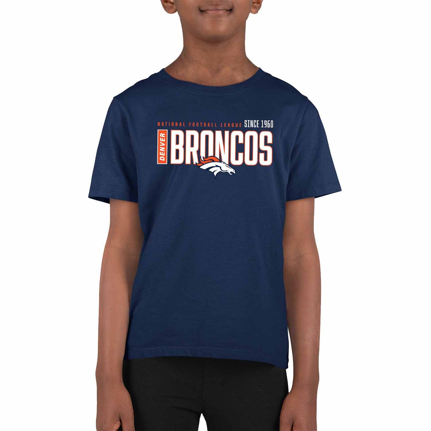 Denver Broncos NFL Youth Modern Endzone Football T-Shirt Unisex Tag Free Comfortable - Navy