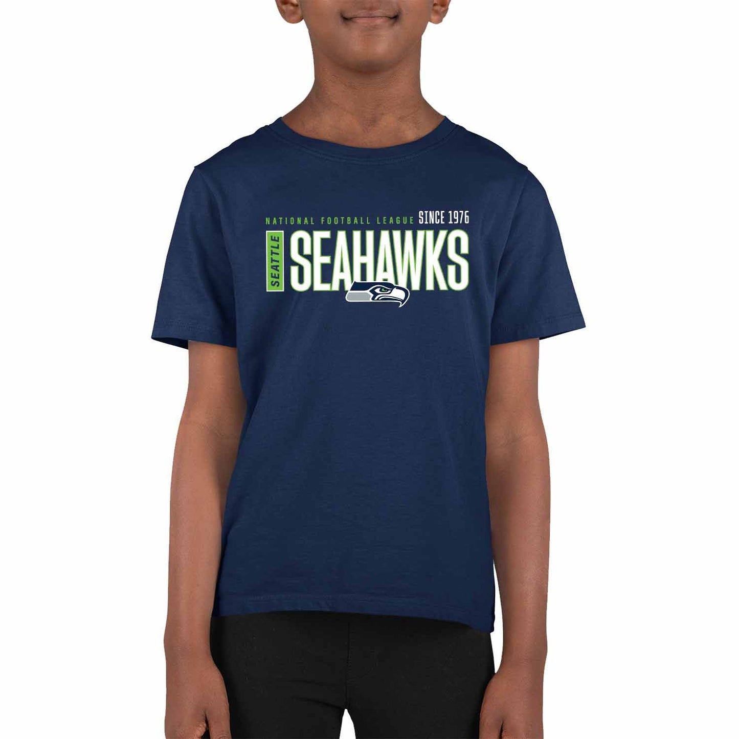 Seattle Seahawks NFL Youth Modern Endzone Football T-Shirt Unisex Tag Free Comfortable - Navy