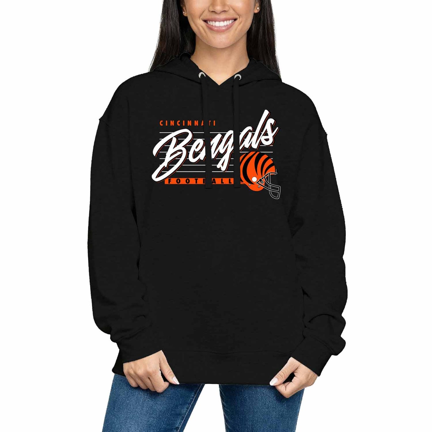 Cincinnati Bengals Ladies NFL Scrimmage Line Fleece Pullover Hooded Sweatshirt - Black