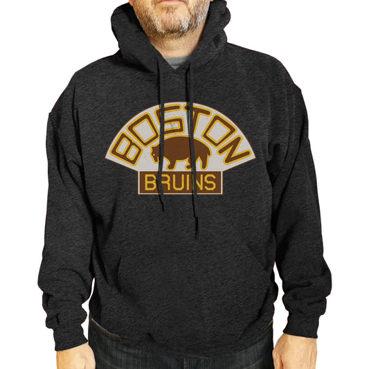 Boston  Bruins Adult NHL Retro Logo Hockey Fleece Hooded Sweatshirt - Black Heather